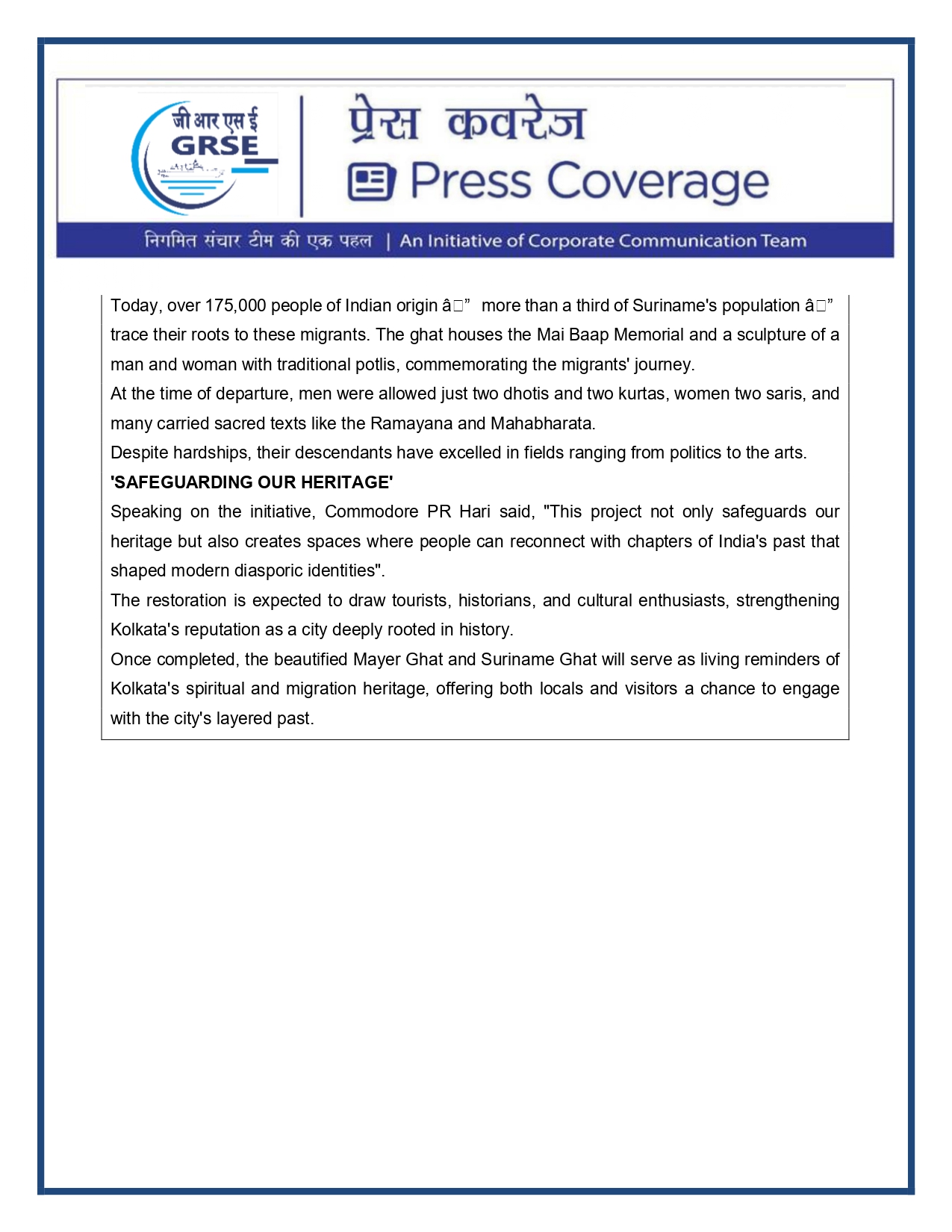 Press Coverage : 15 Aug 25:GRSE delivers survey vessel Ikshak to Navy